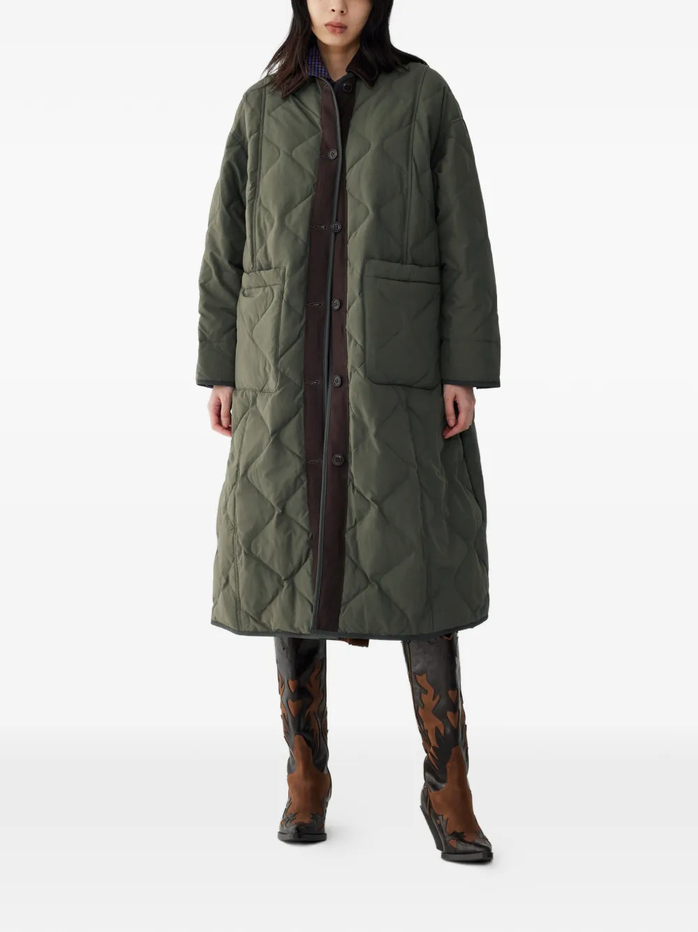 STUDIO TOMBOY corduroy-collar quilted long coat - Groen