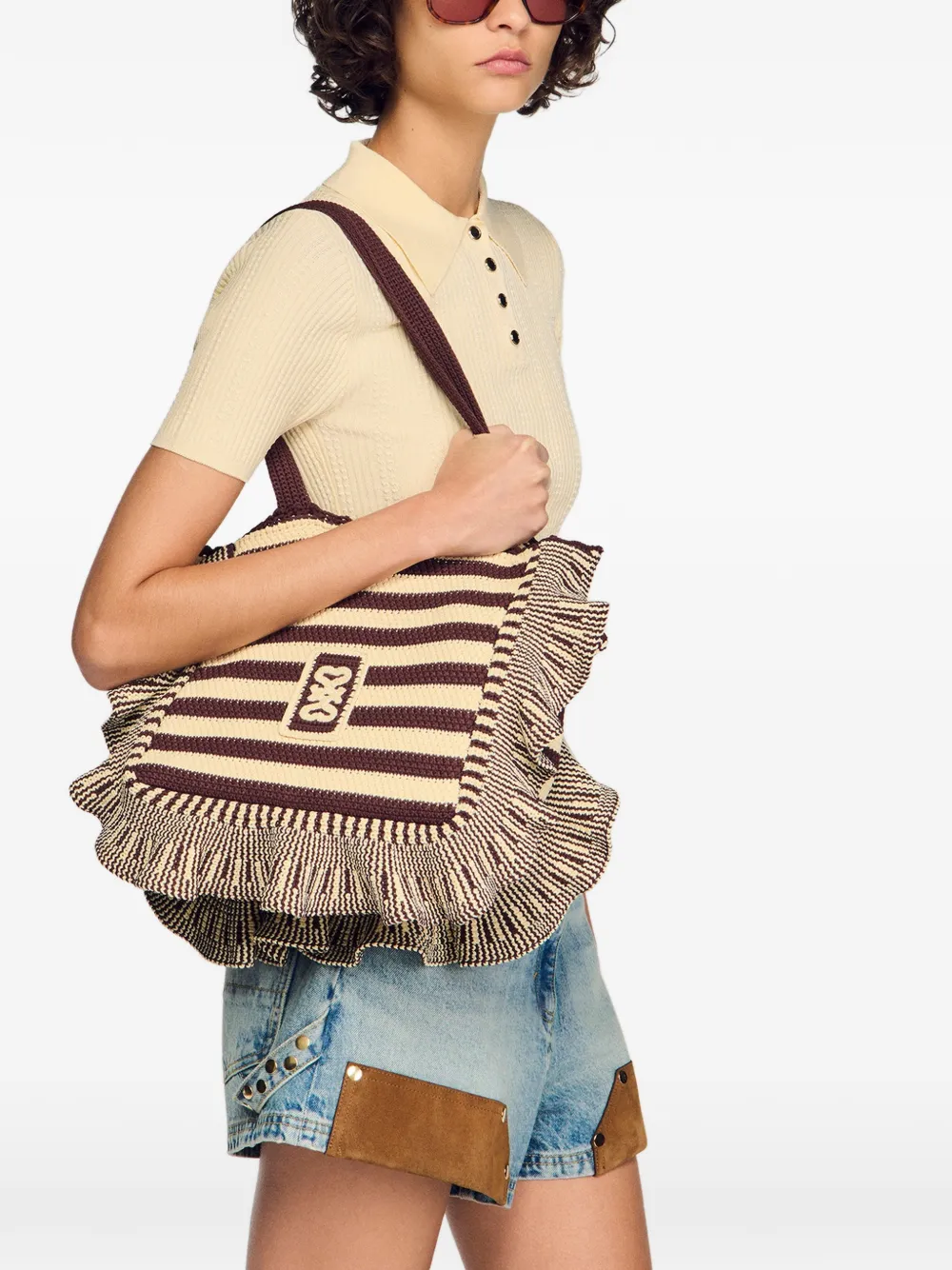 SANDRO Shopper met ruches en strepen Bruin