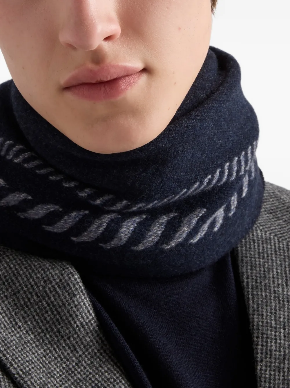 Prada Striped Pattern Scarf Fringed Edges In Blue