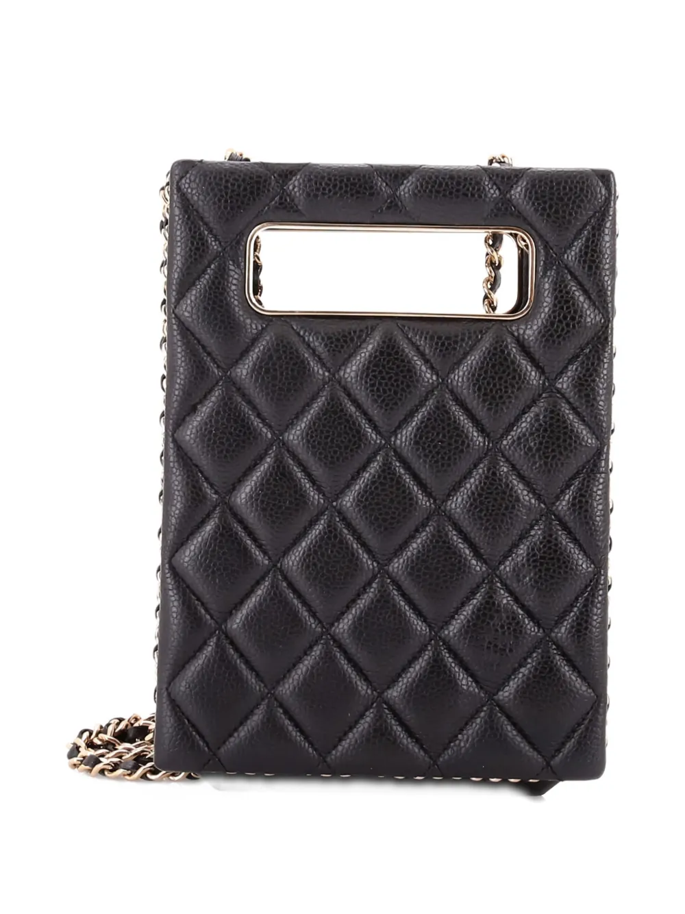 Pre-owned Chanel Chain Around Cut Out Handle Evening Tote Quilted Caviar Mini Crossbody Bag In Black