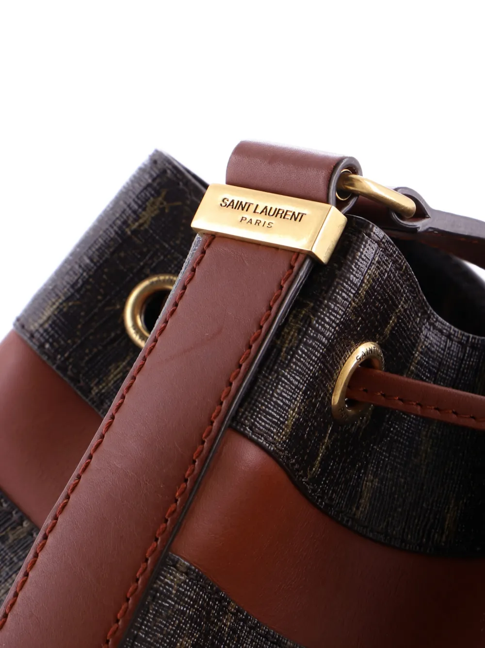 Pre-owned Saint Laurent Le Monogramme Striped Monogram All Over Coated Canvas And Leather Bucket Bag In Brown