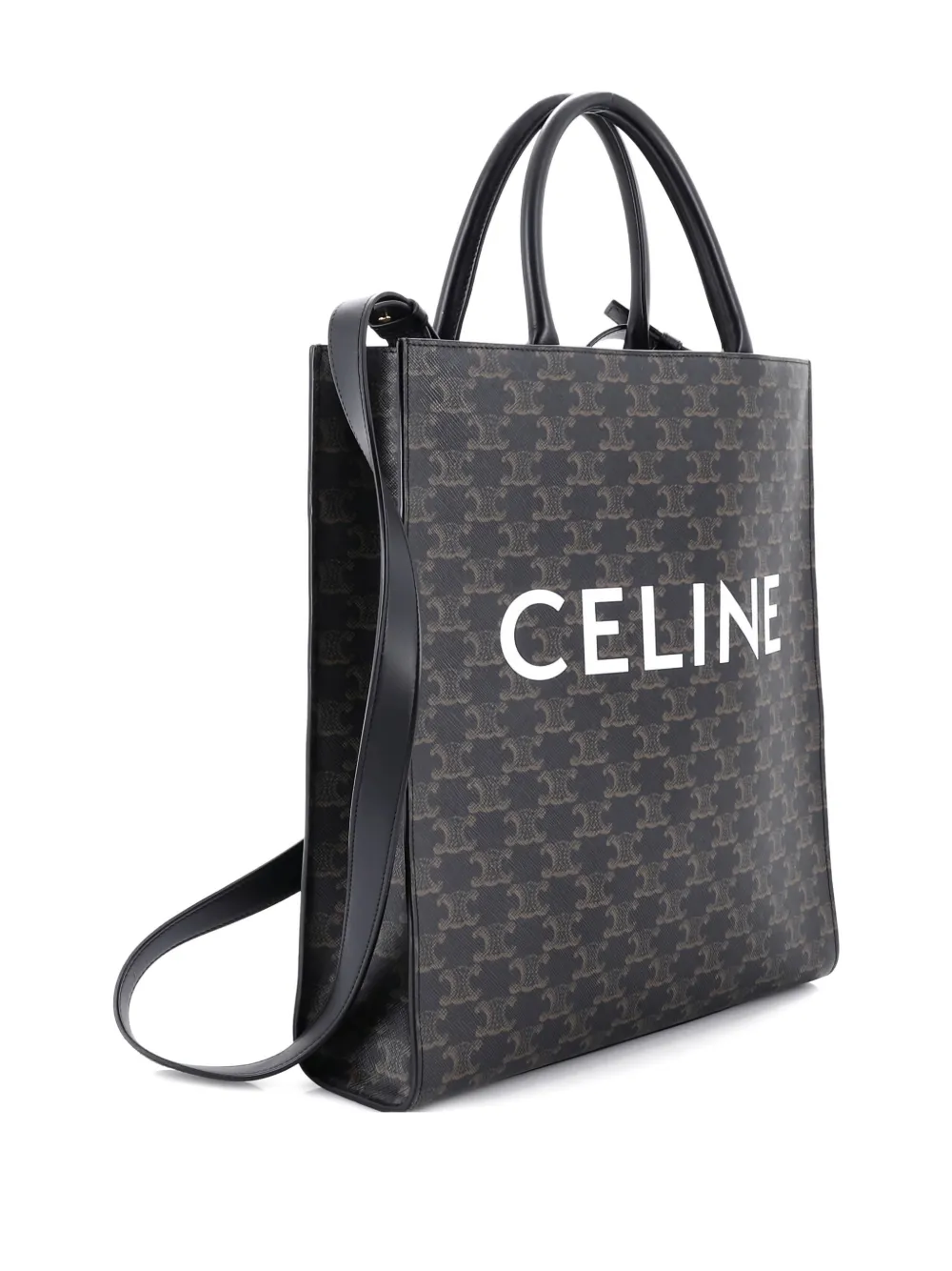 Pre-owned Celine Vertical Cabas Triomphe Coated Canvas Medium Tote Bag In Black