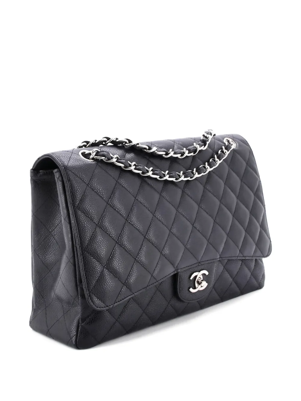 Pre-owned Chanel Classic Single Flap Bag Quilted Caviar Maxi Shoulder Bag In Black