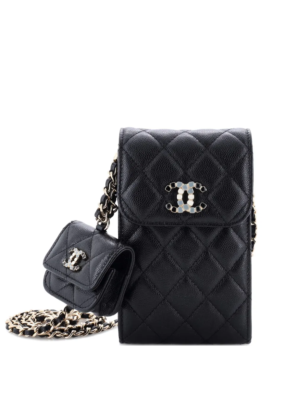Pre-owned Chanel Crystal Cc Flap Phone Holder With Airpods Pro Case Quilted Caviar Crossbody Bag In Black