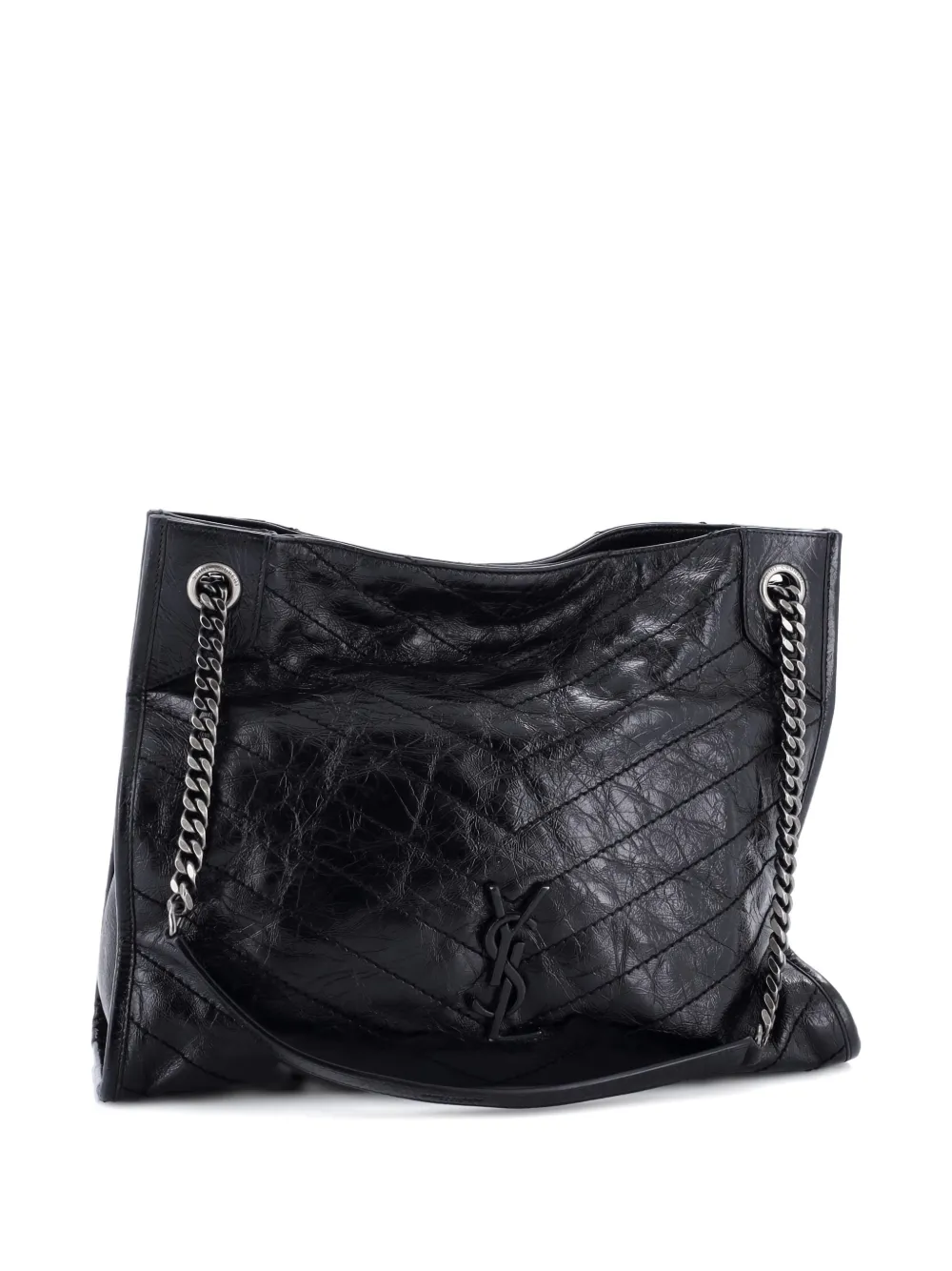 Pre-owned Saint Laurent Niki Shopping Matelasse Chevron Leather Medium Tote Bag In Black