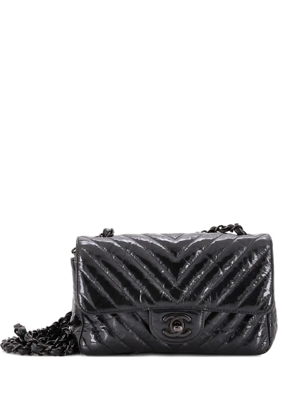 CHANEL Pre-Owned So Black Classic Single Flap Bag Chevron Crumpled Patent Mini shoulder bag - Nero