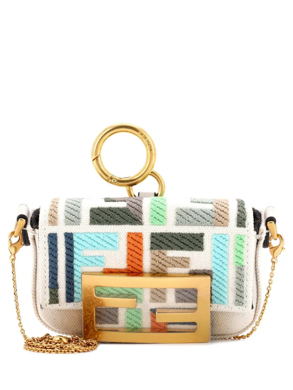 FENDI Pre-owned Chain Baguette Charm Bag Zucca Embroidered Canvas Nano Crossbody Bag In Multi