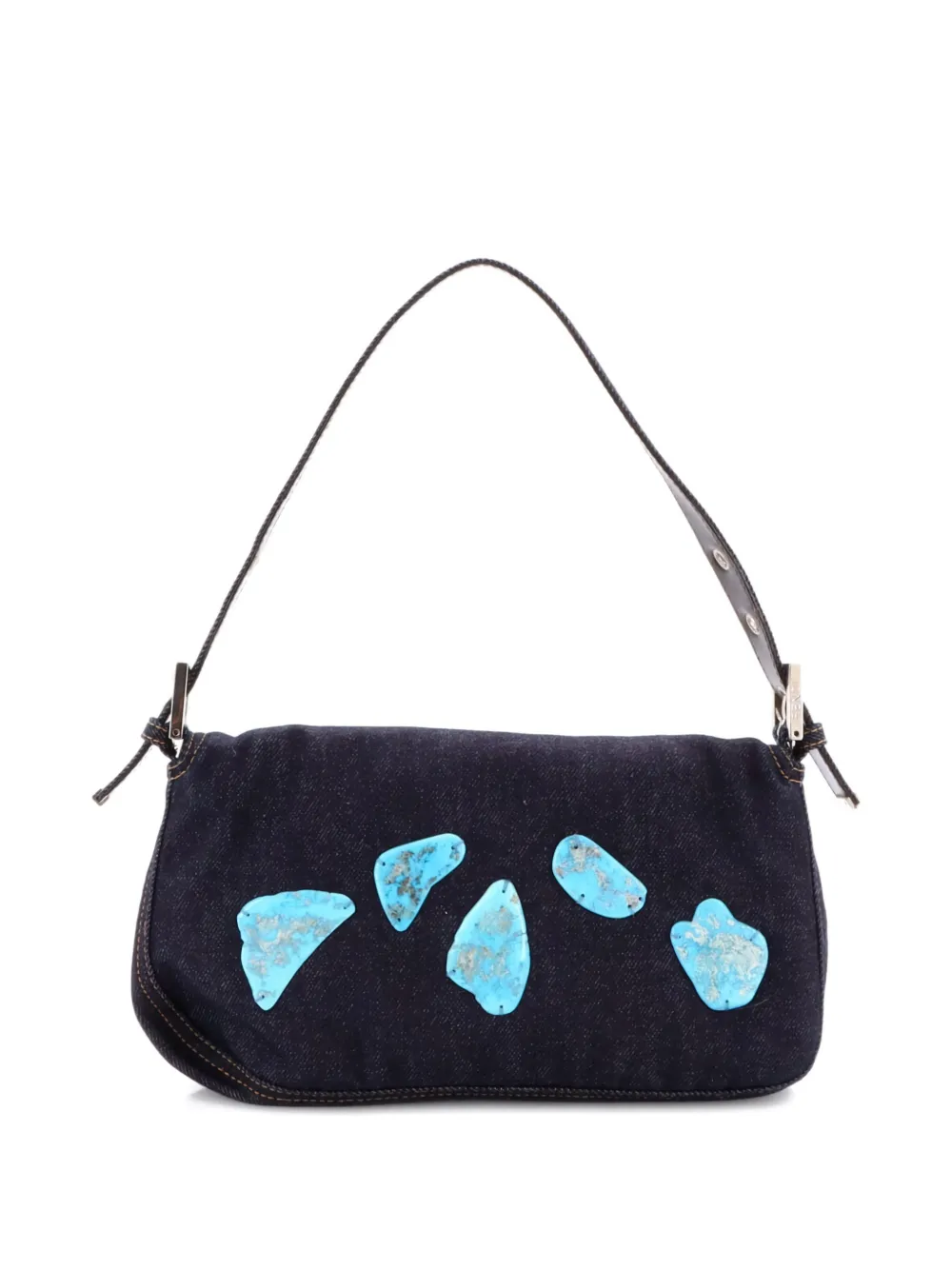 Pre-owned Fendi Baguette Bag Embellished Denim Shoulder Bag In Blue