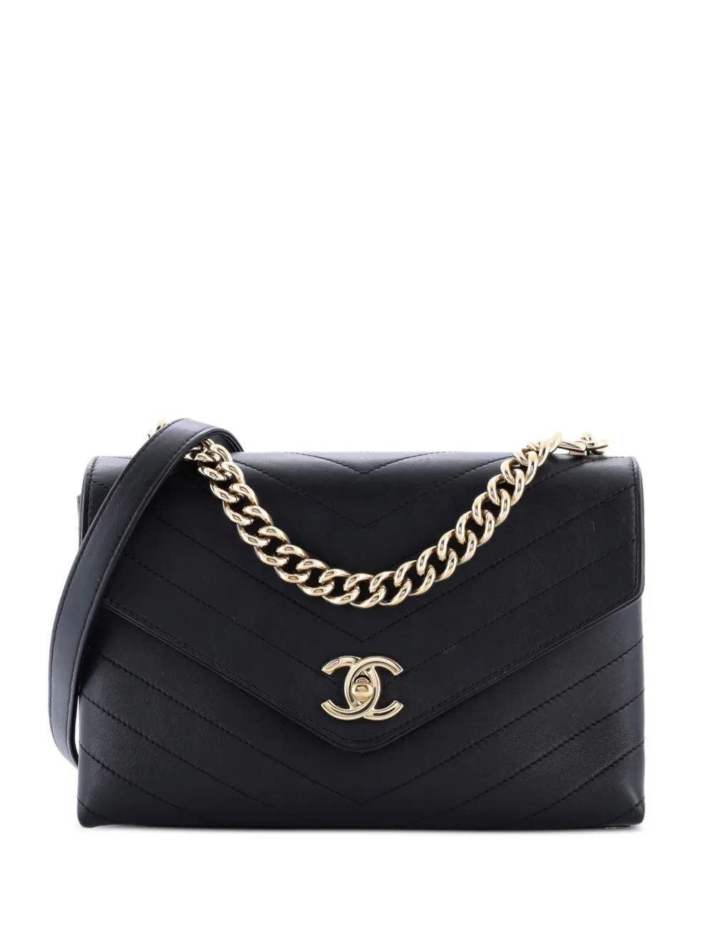 Pre-owned Chanel Coco Chevron Flap Bag Stitched Calfskin Small Shoulder Bag In Black