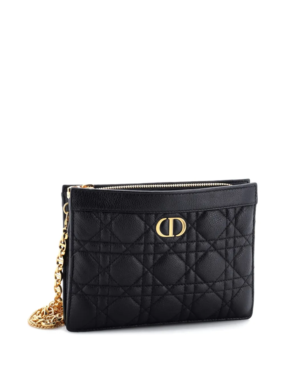 Pre-owned Dior Caro Zipped Pouch With Chain Cannage Quilt Leather Shoulder Bag In Black