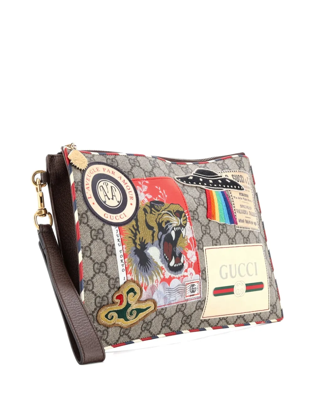 GUCCI Pre-owned Courrier Pouch Gg Coated Canvas With Applique Clutch Bag In Brown