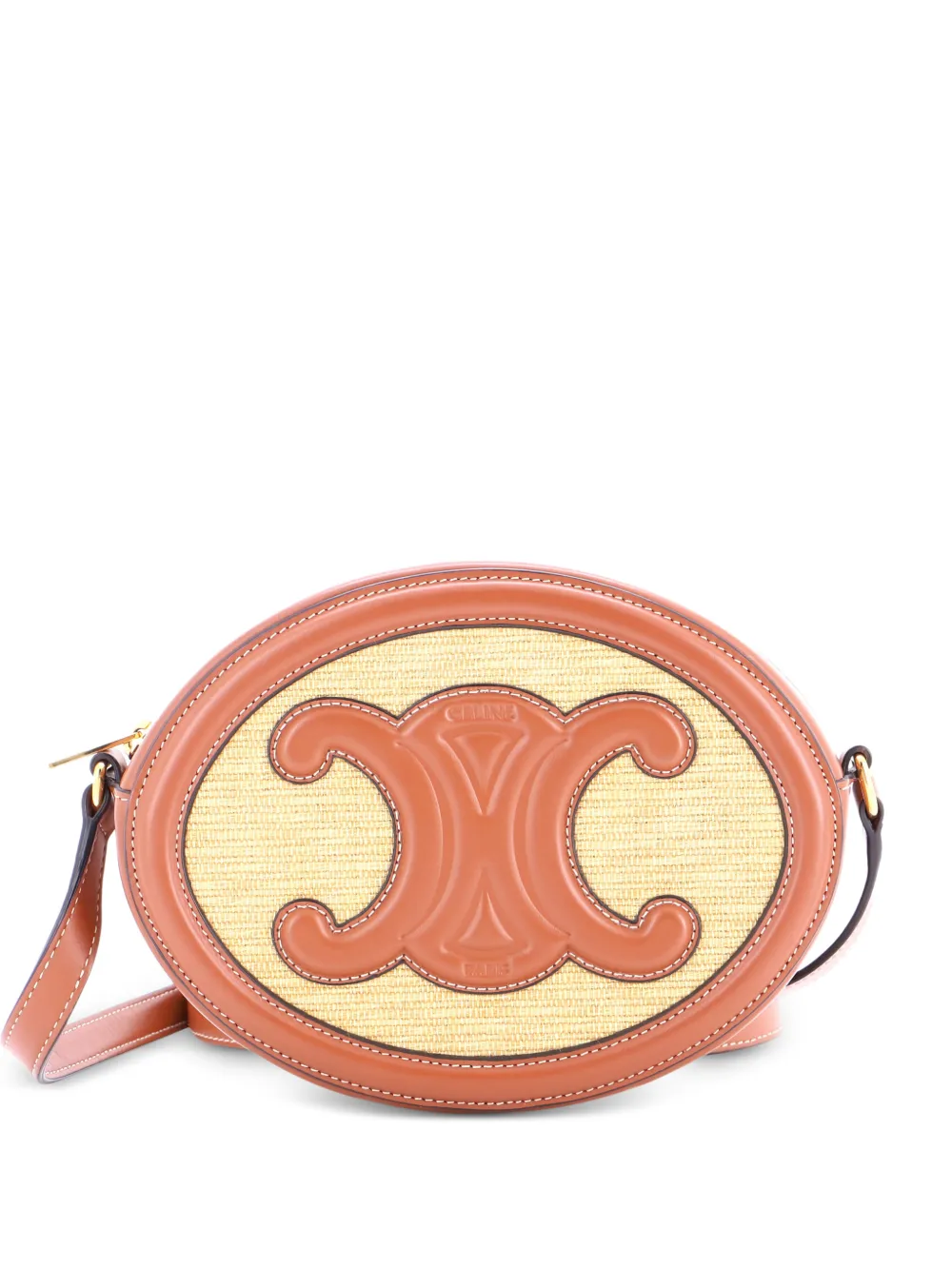 Celine Pre-Owned Triomphe Oval Straw and Leather crossbody bag - Marrone