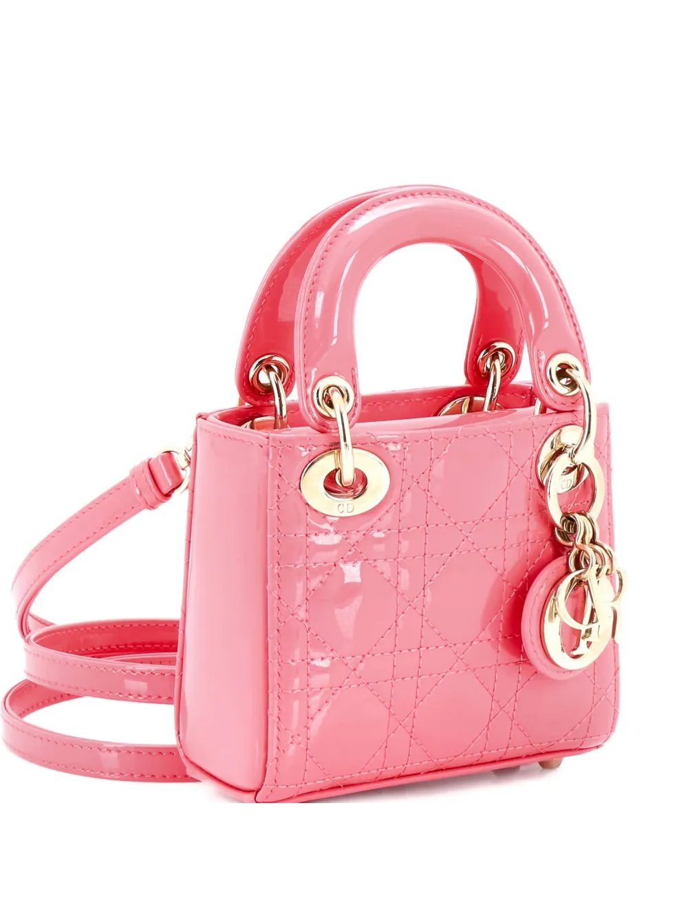 Pre-owned Dior Lady Bag Cannage Quilt Patent Micro Crossbody Bag In Pink
