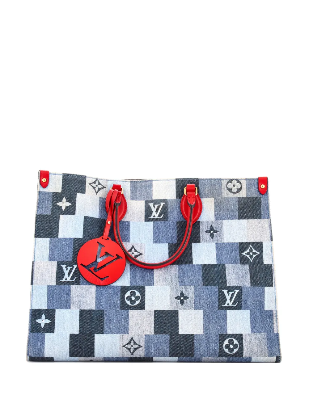 Pre-owned Louis Vuitton Onthego Damier And Monogram Patchwork Denim Gm Tote Bag In Blue