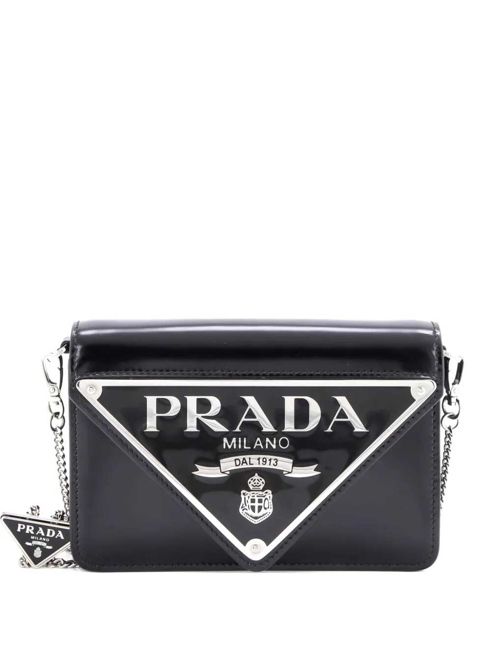 Prada Pre-Owned Maxi Triangle Logo Chain Flap Bag Brushed Leather Small crossbody bag - Nero