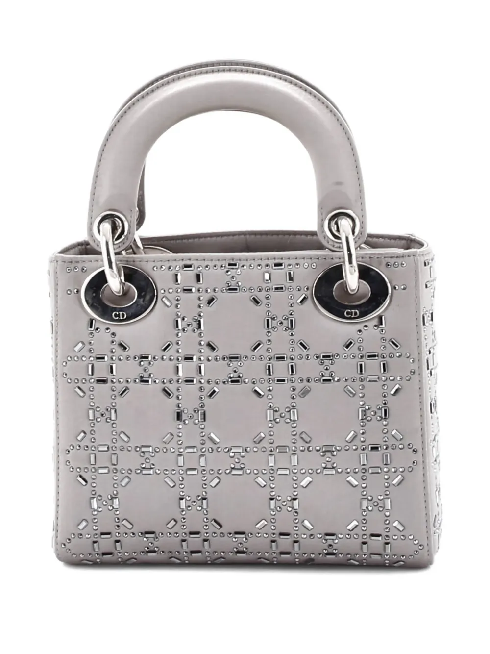 Pre-owned Dior Lady  Bag Crystal Embellished Cannage Quilt Satin Mini Satchel In Gray