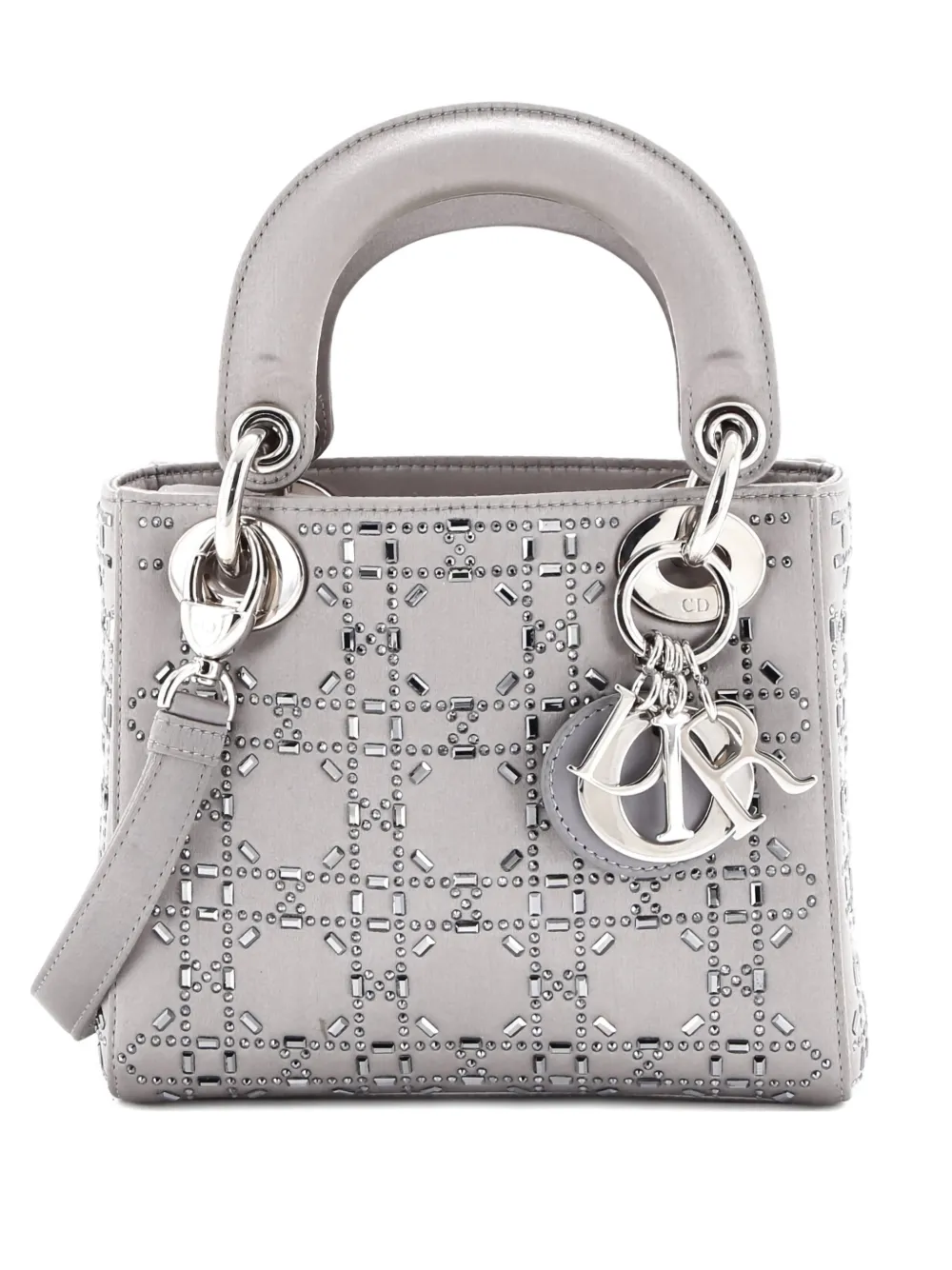 Christian Dior Pre-Owned Lady Dior Bag Crystal Embellished Cannage Quilt Satin Mini satchel - Grigio