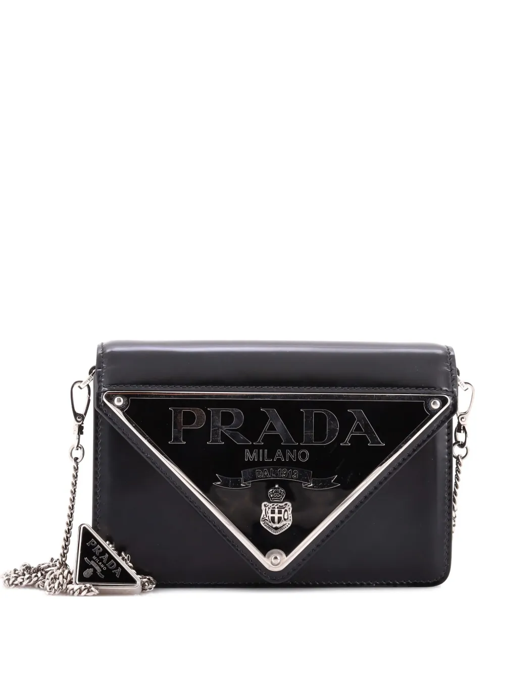 Prada Pre-Owned Maxi Triangle Logo Chain Flap Bag Brushed Leather Small crossbody bag - Nero