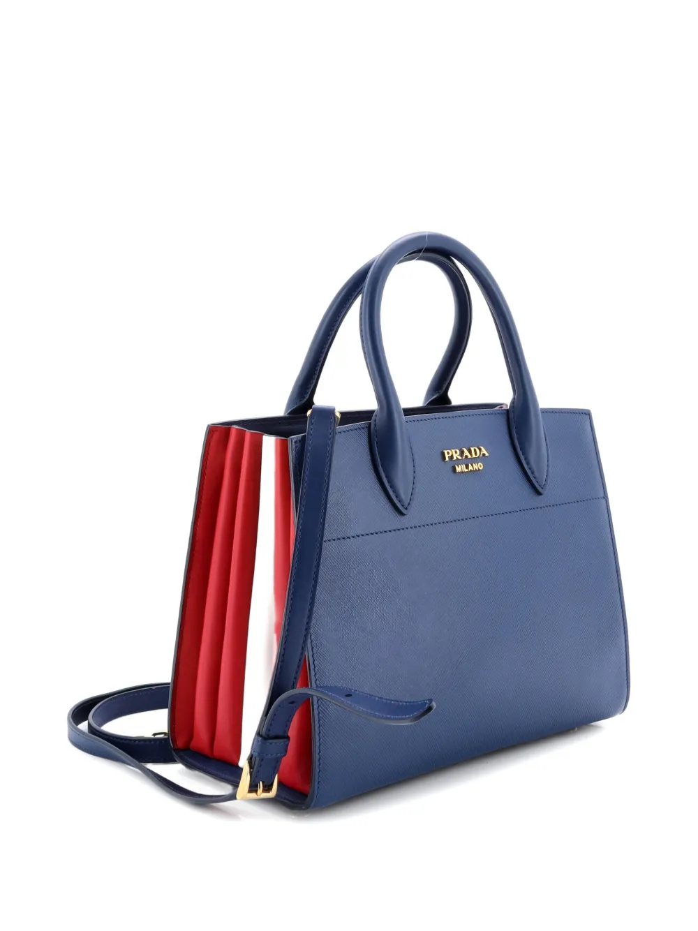 Pre-owned Prada Bibliotheque Saffiano With City Calf Small Tote Bag In Blue