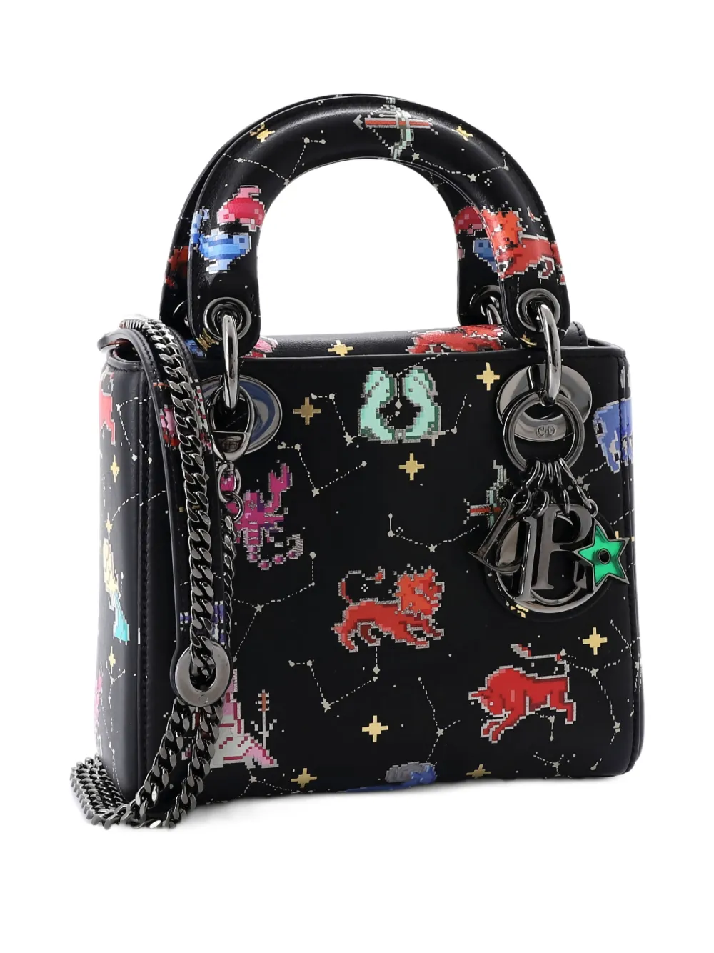  Christian Dior Pre-owned Lady Dior Bag Limited Edition Pixel Zodiac Printed Calfskin Mini Shoulder Bag - Black 