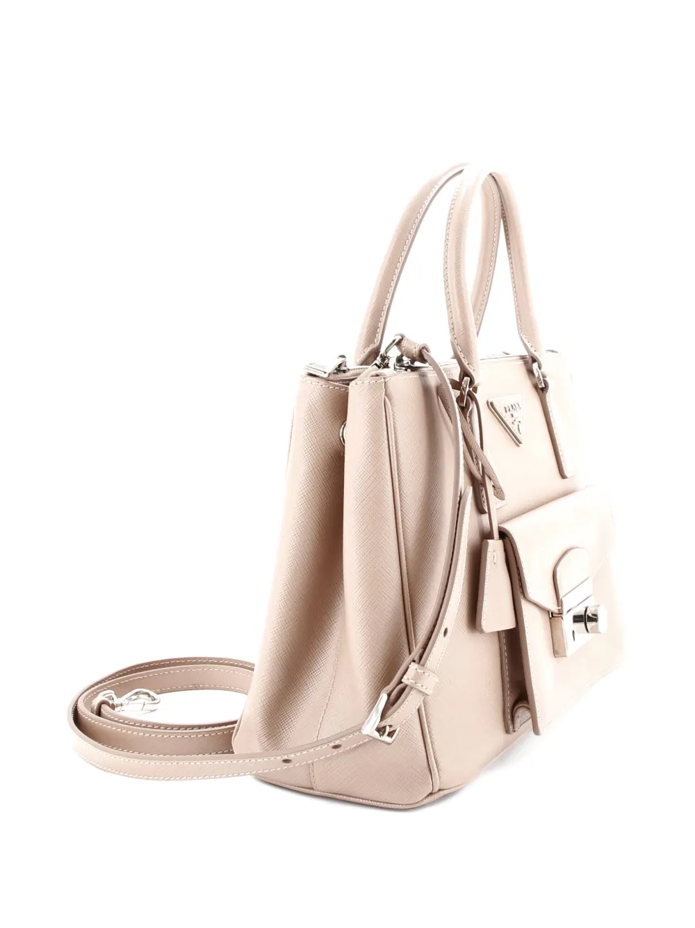 Pre-owned Prada Front Pocket Double Zip Lux Saffiano Leather Small Tote Bag In Neutral