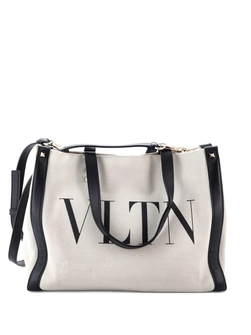 Pre-owned Valentino Garavani Grande Plage Vltn Canvas Small Tote Bag In Black