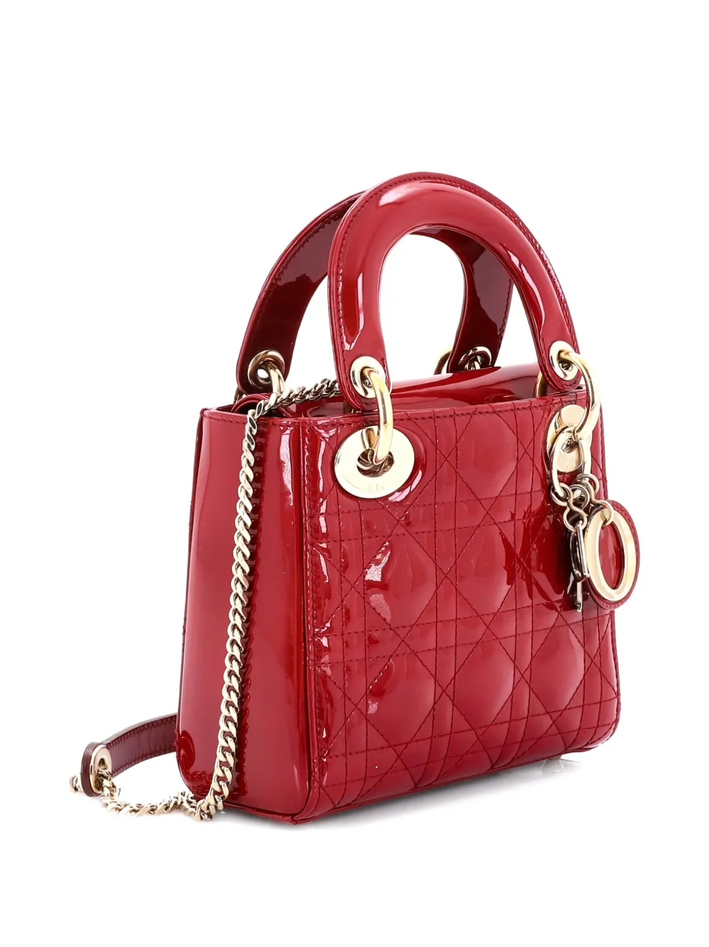 Pre-owned Dior Lady  Chain Bag Cannage Quilt Patent Mini Satchel In Red