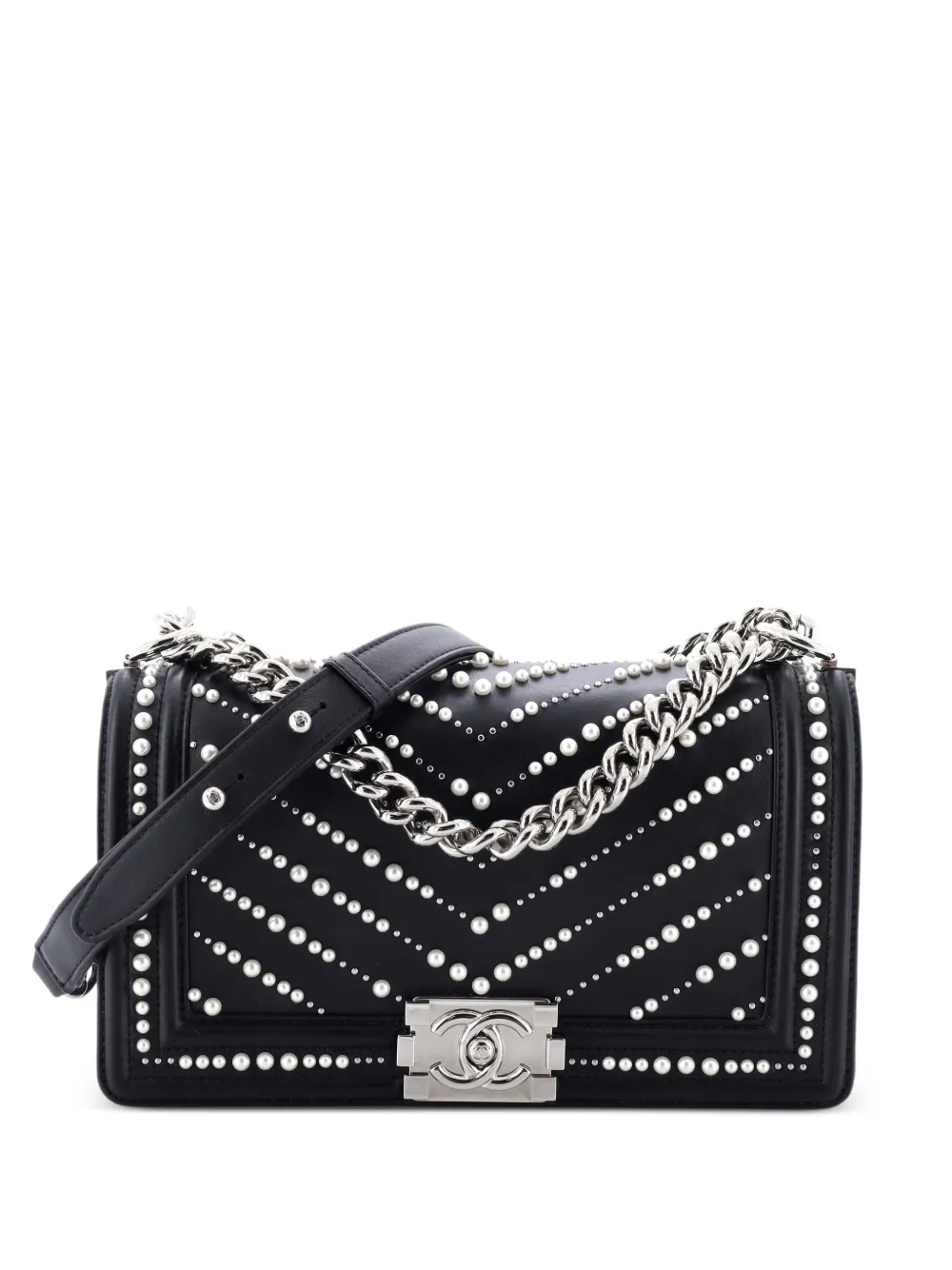 CHANEL Pre-Owned Borsa a spalla Boy media in pelle di vitello con motivo chevron e perle - Nero