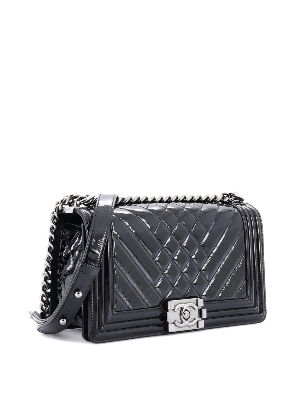 Pre-owned Chanel Boy Flap Bag Chevron Patent Old Medium Shoulder Bag In Black
