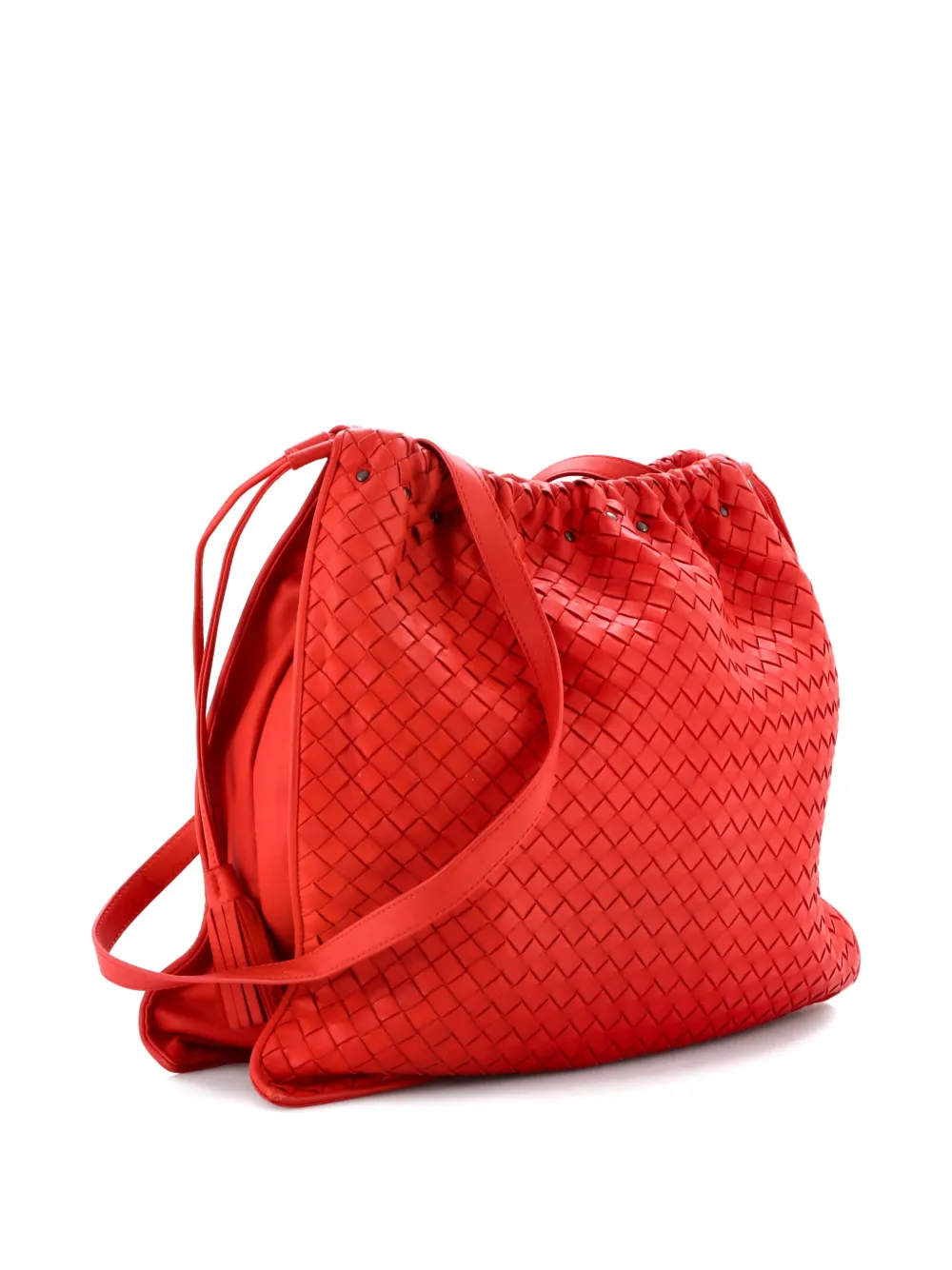 Pre-owned Bottega Veneta Drawstring Tassel Intrecciato Nappa Medium Tote Bag In Red