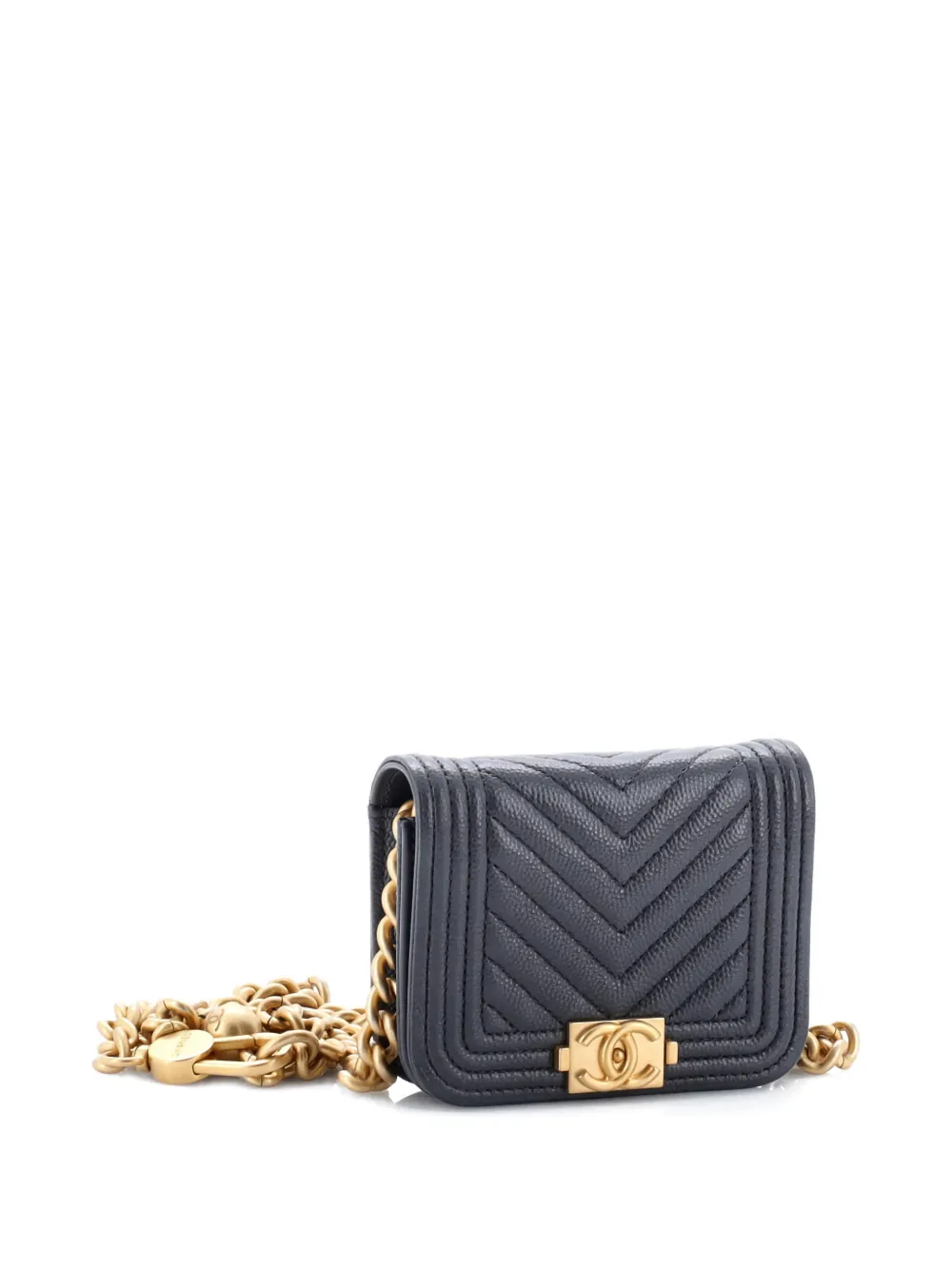 Pre-owned Chanel Boy Flap Chain Chevron Caviar Belt Bag In Gray