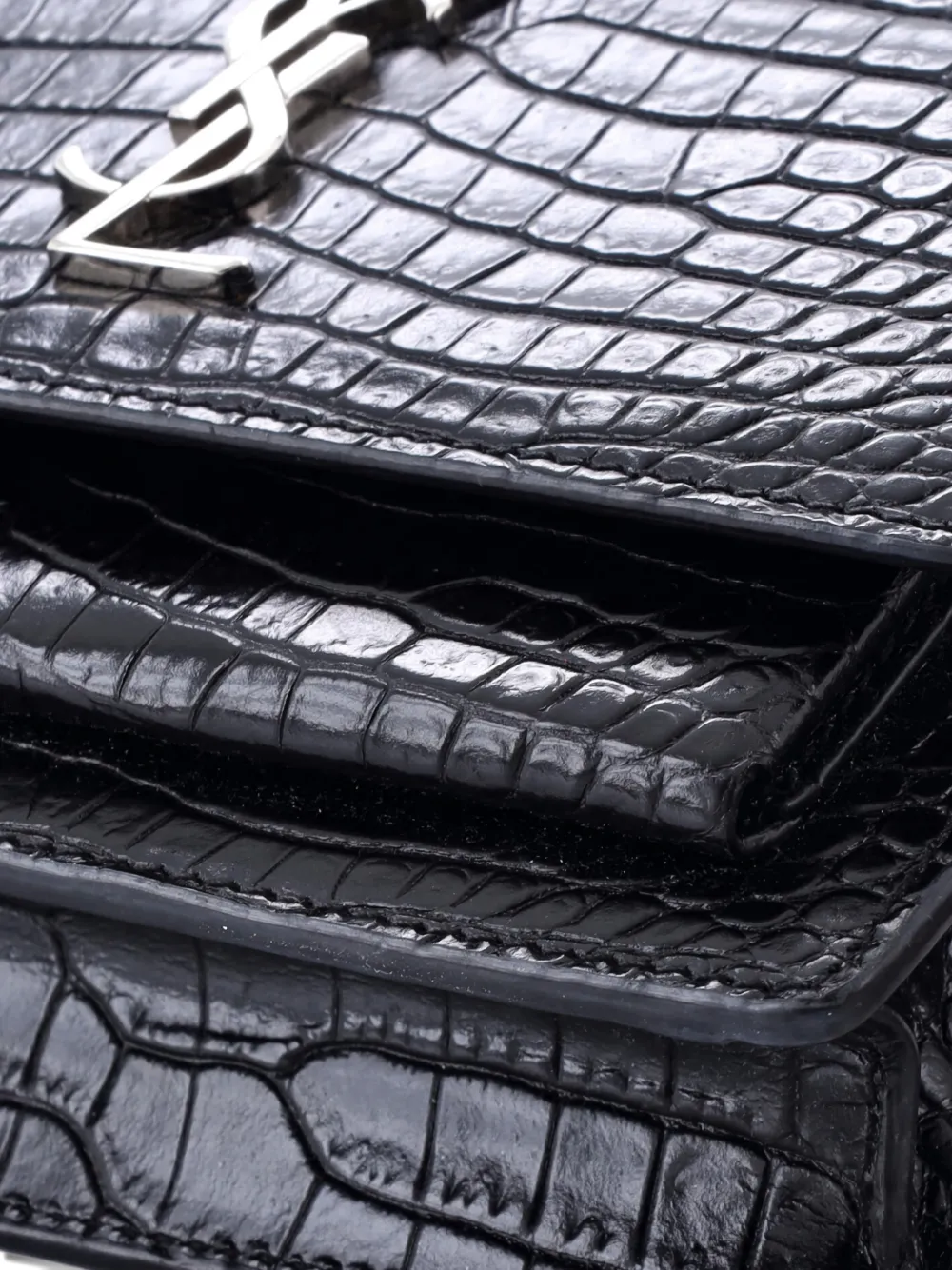 SAINT LAURENT Pre-owned Sunset Chain Wallet Crocodile Embossed Leather Crossbody Bag In Black