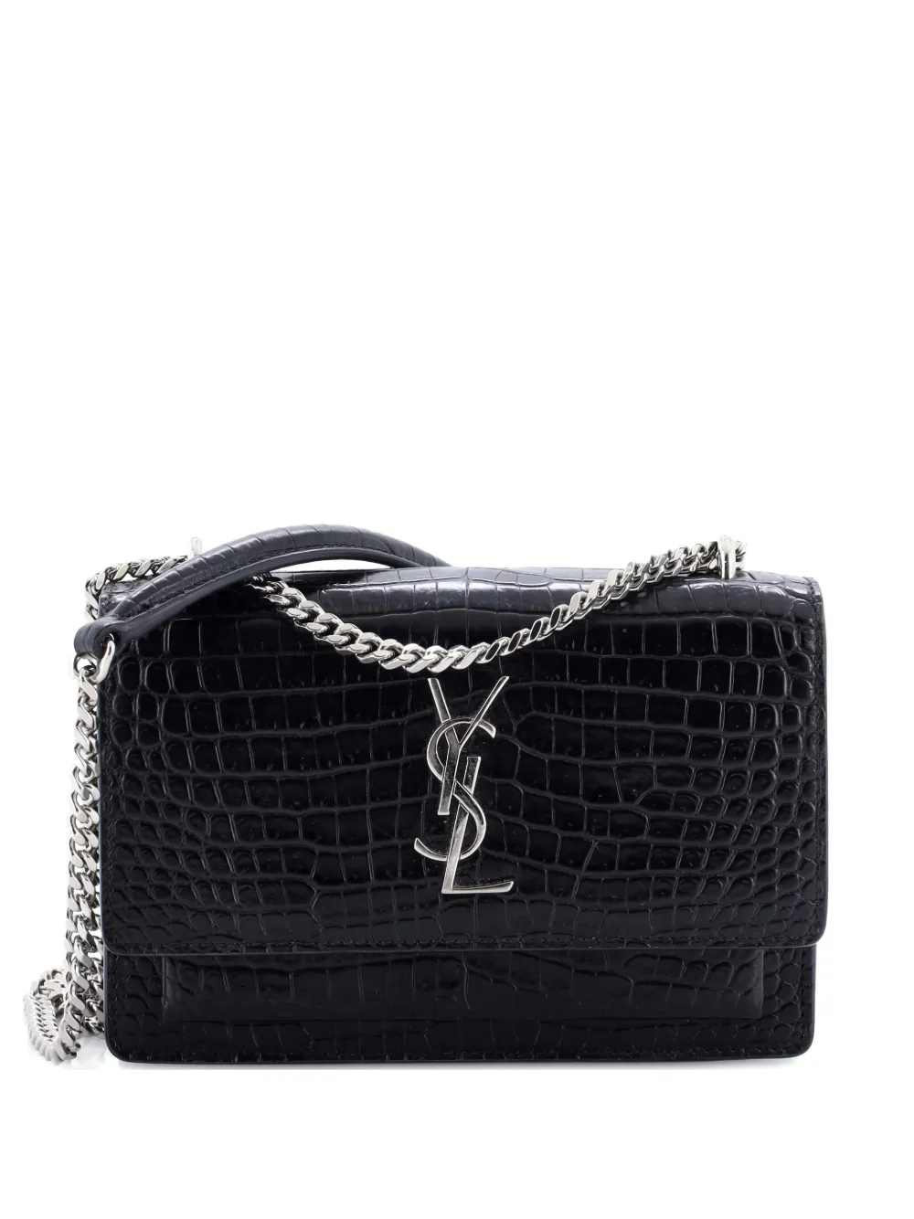 Pre-owned Saint Laurent Sunset Chain Wallet Crocodile Embossed Leather Crossbody Bag In Black