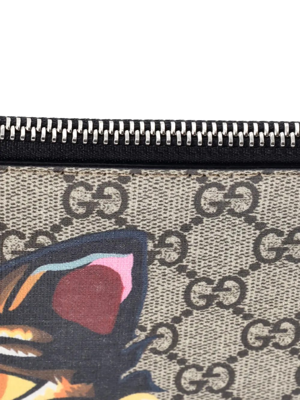 GUCCI Pre-owned Zipped Pouch Angry Cat Gg Coated Canvas Large Clutch Bag In Brown