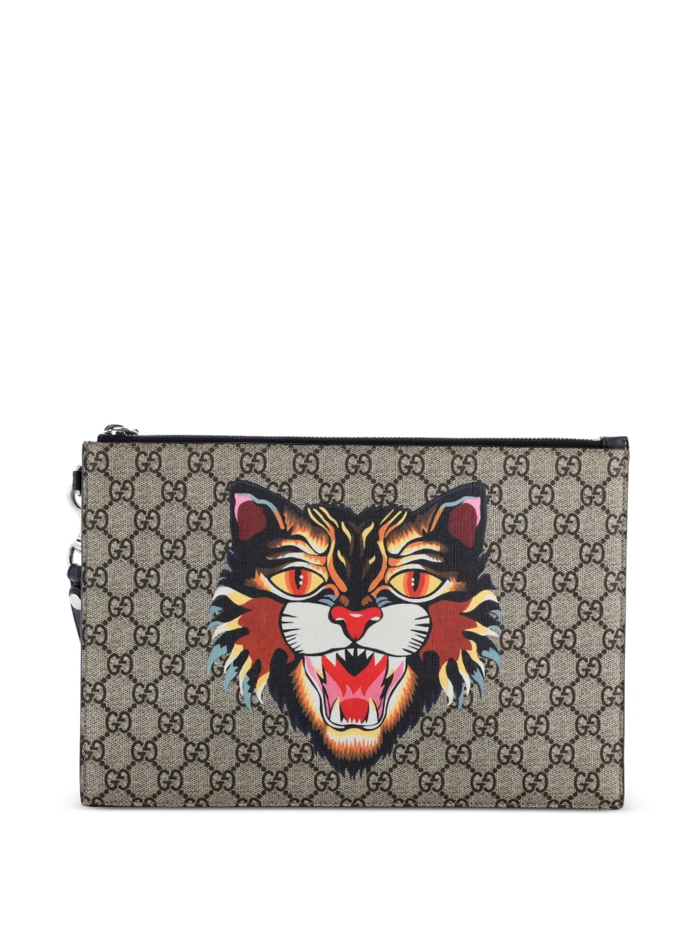 Gucci Pre-Owned Zipped Pouch Angry Cat GG Coated Canvas Large clutch bag - Brown