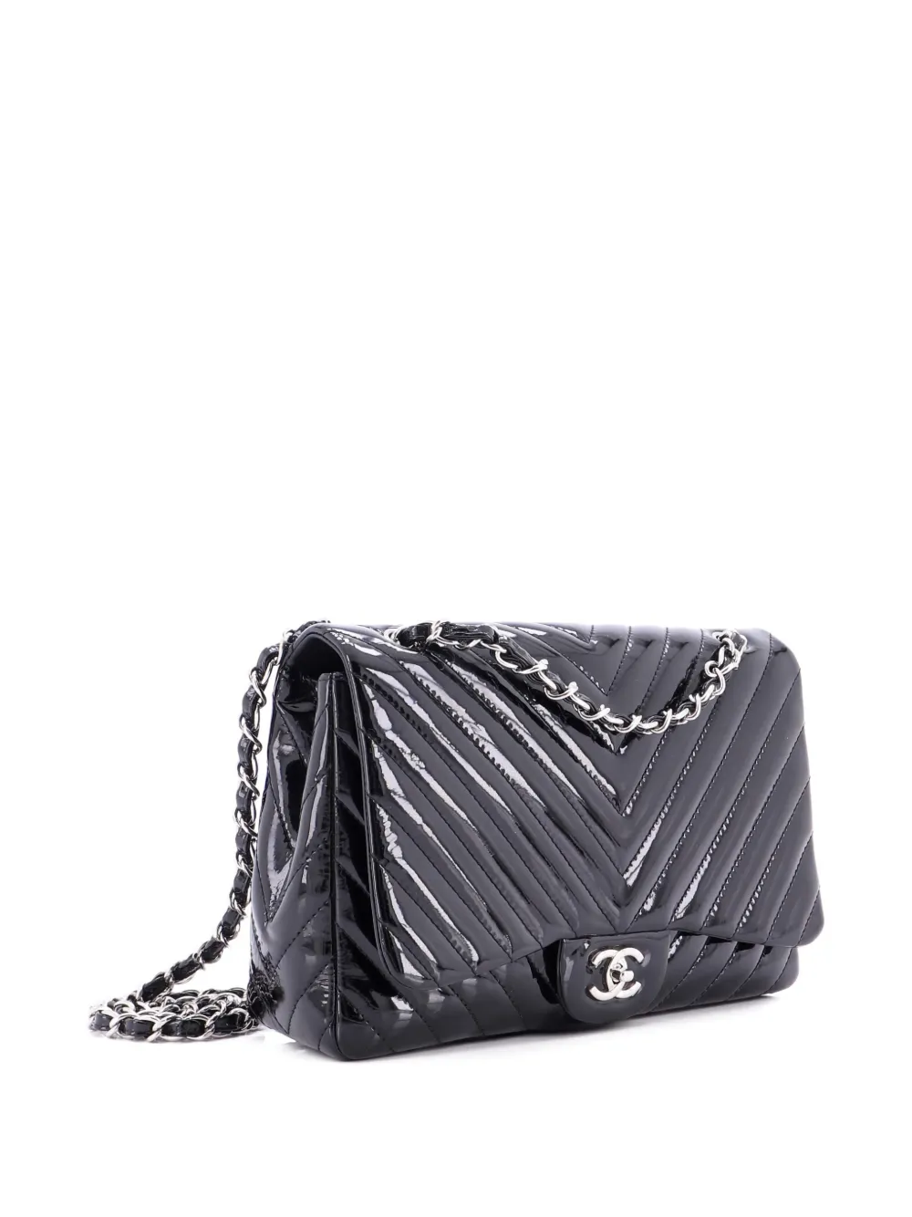 Pre-owned Chanel Classic Single Flap Bag Chevron Patent Maxi Shoulder Bag In Black