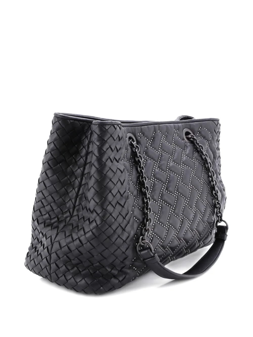 Pre-owned Bottega Veneta Double Chain Studded Leather With Intrecciato Detail Medium Tote Bag In Black