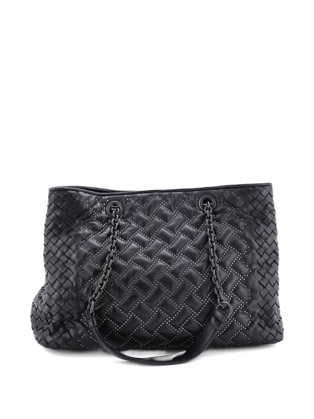Pre-owned Bottega Veneta Double Chain Studded Leather With Intrecciato Detail Medium Tote Bag In Black