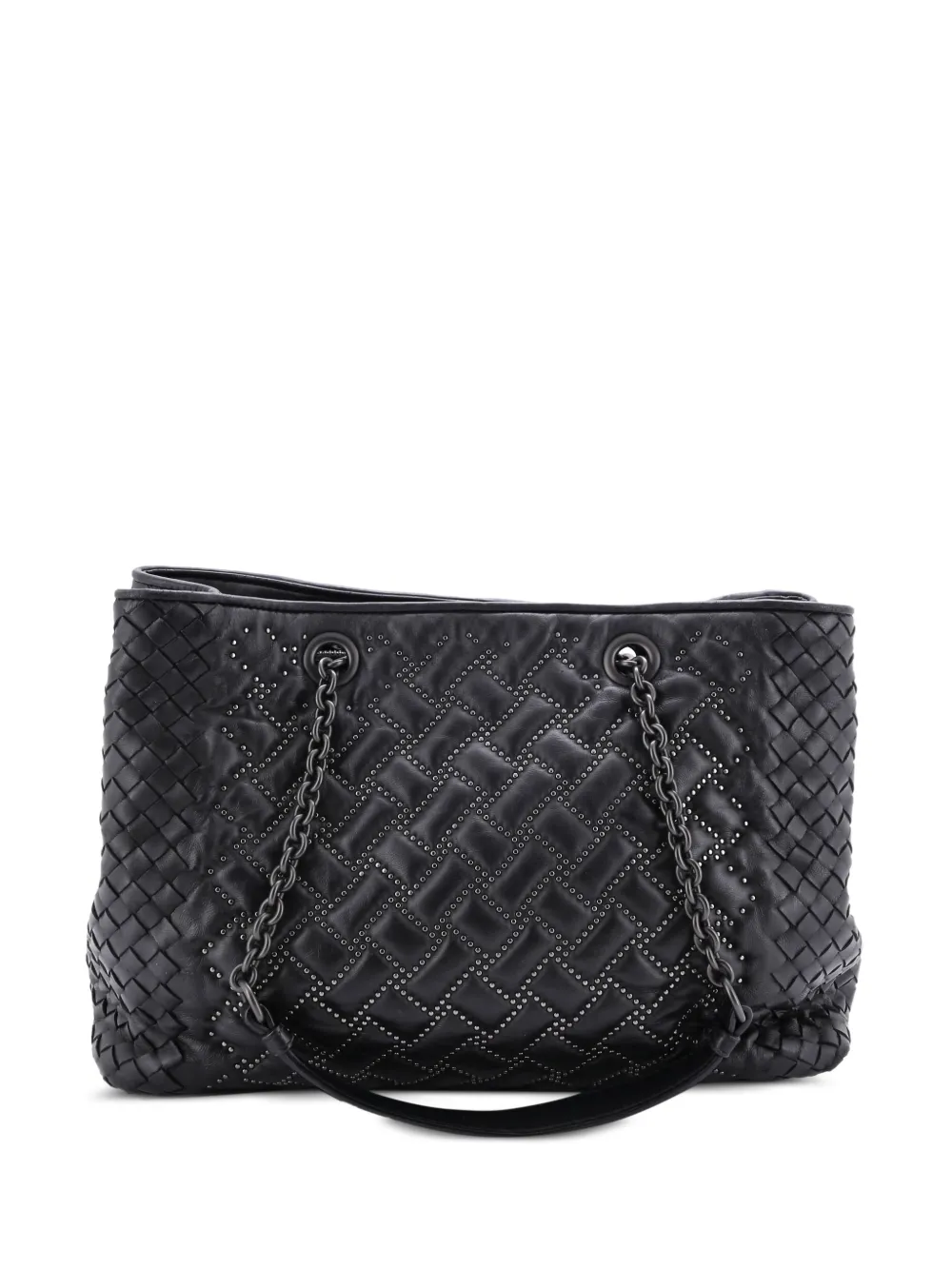 Bottega Veneta Pre-Owned Double Chain Studded Leather with Intrecciato Detail Medium tote bag - Nero