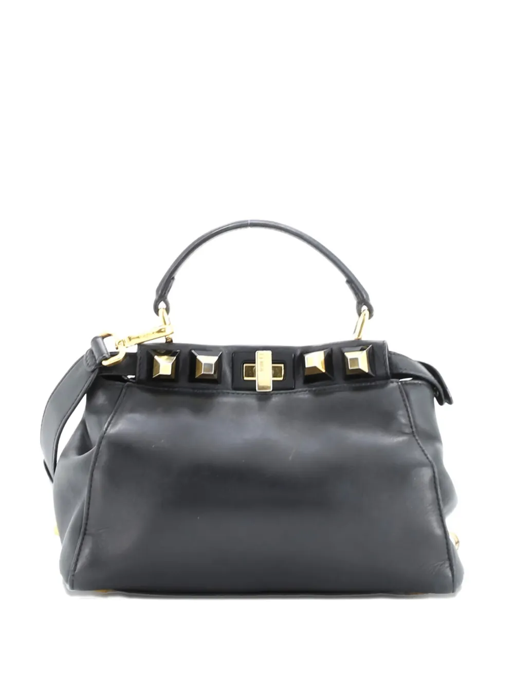 Pre-owned Fendi Peekaboo Bag Leather With Studded Detail Mini Satchel In Black
