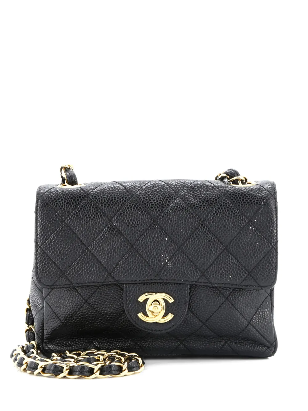 Pre-owned Chanel Square Classic Single Flap Bag Quilted Caviar Mini Crossbody Bag In Black