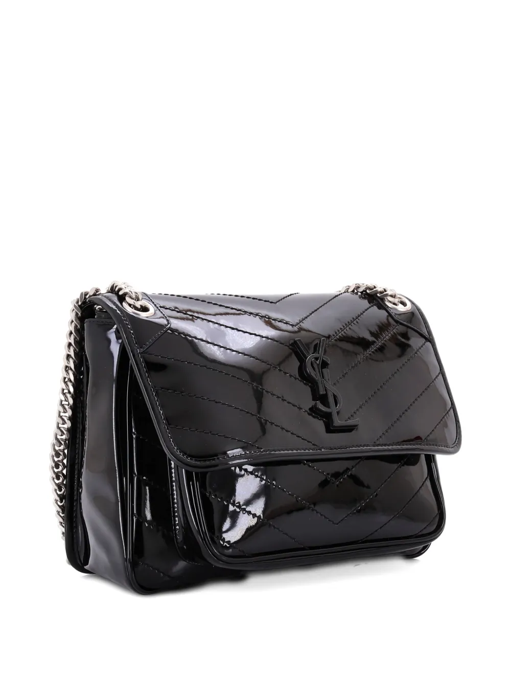 Pre-owned Saint Laurent Niki Chain Flap Bag Matelasse Chevron Patent Medium Shoulder Bag In Black