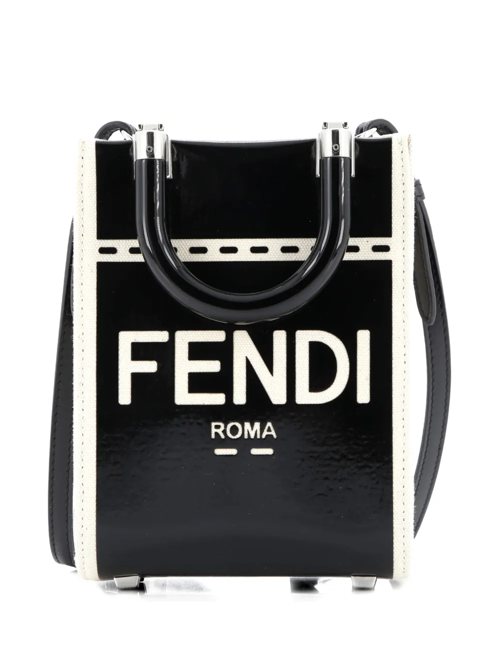 Pre-owned Fendi Sunshine Shopper Tote Patent And Canvas Mini Crossbody Bag In Black