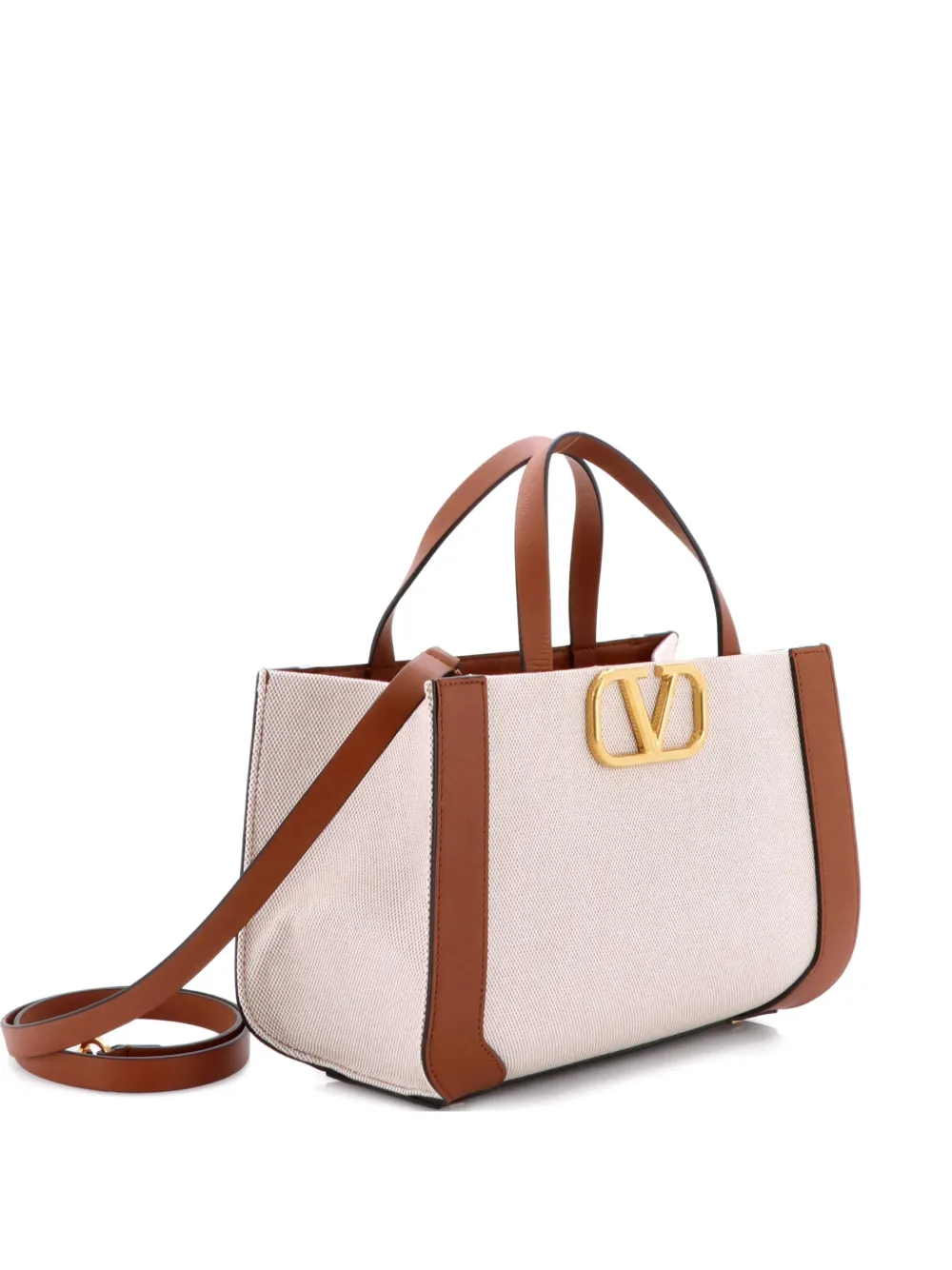 Pre-owned Valentino Garavani Vlogo Shopper Canvas And Leather Small Tote Bag In Brown