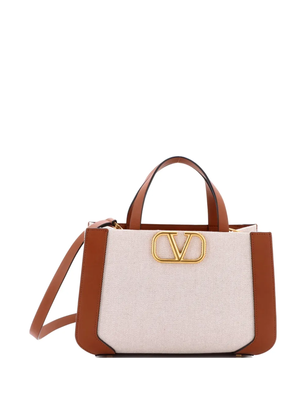 Valentino Garavani Pre-Owned VLogo Shopper Canvas and Leather Small tote bag - Marrone