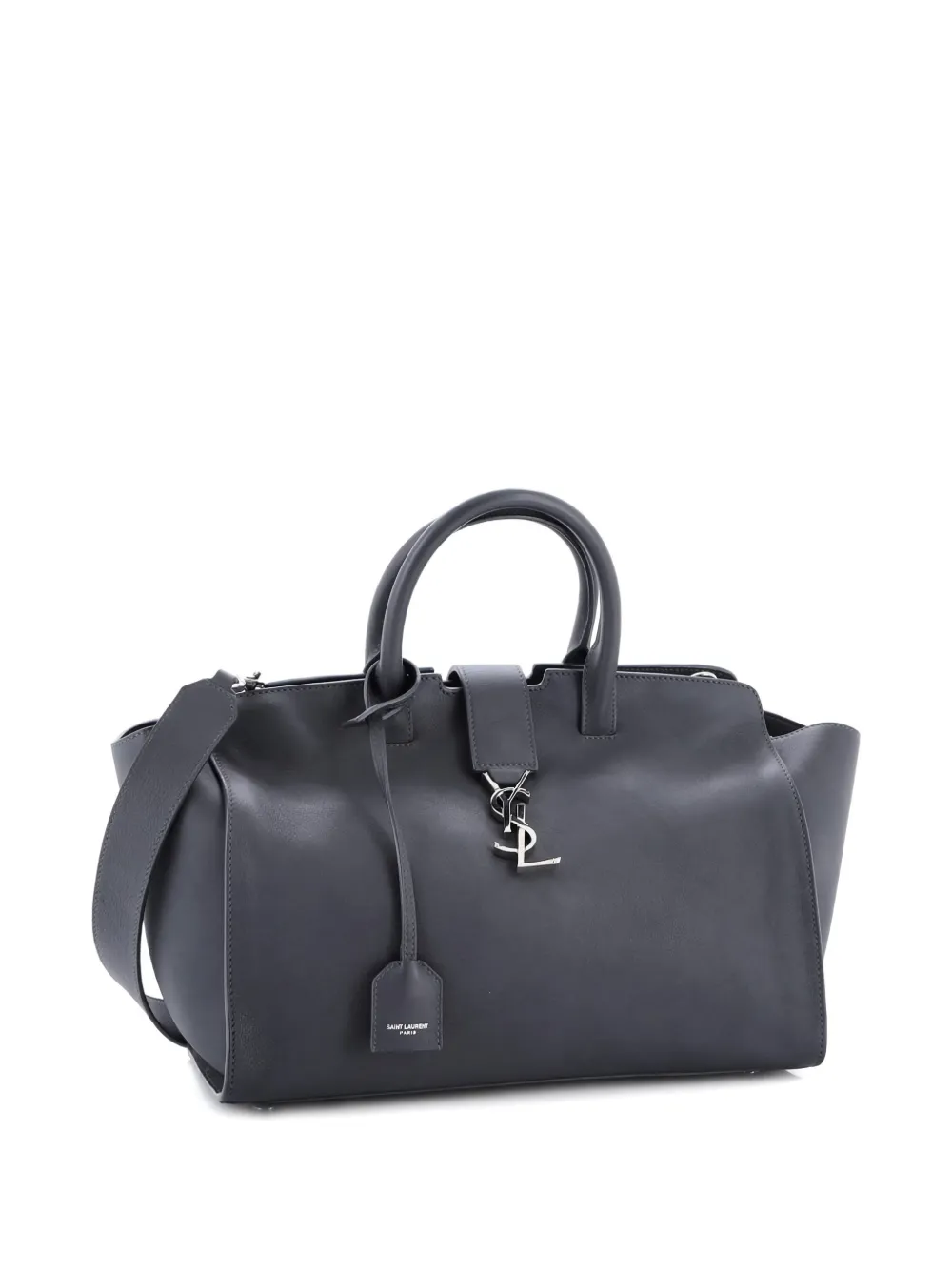 Pre-owned Saint Laurent Monogram Cabas Downtown Leather Small Tote Bag In Gray