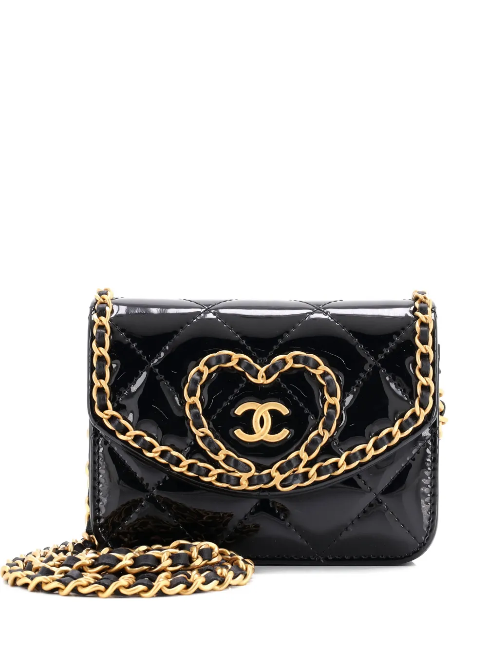 CHANEL Pre-Owned Heart Chain Flap Bag Quilted Patent Mini crossbody bag - Nero