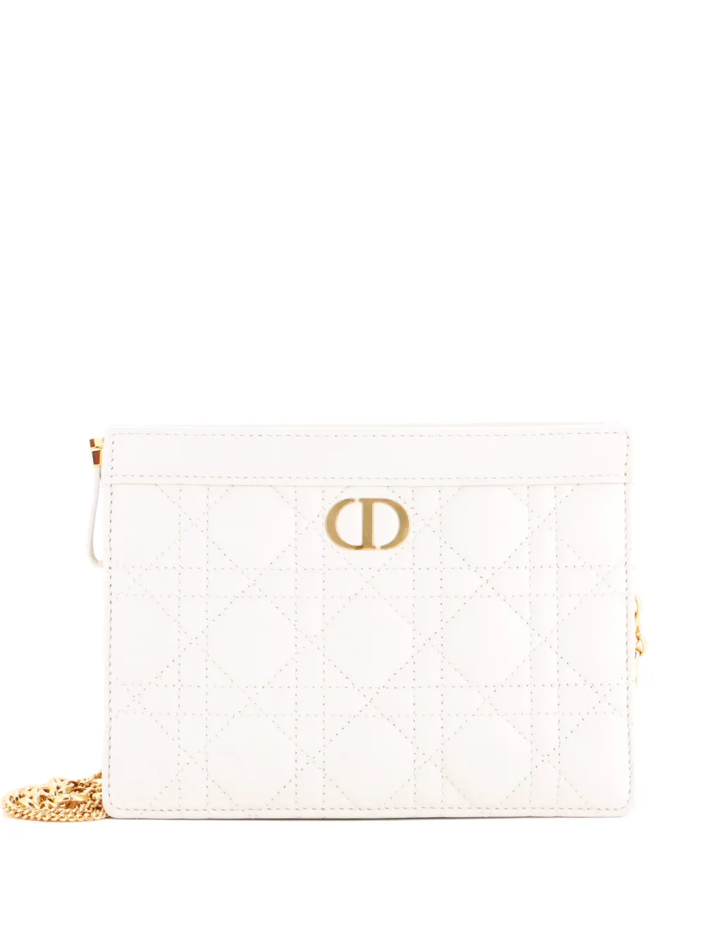 Pre-owned Dior Caro Zipped Pouch With Chain Cannage Quilt Leather Shoulder Bag In Neutral