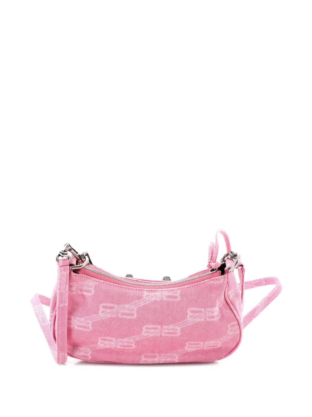 Pre-owned Balenciaga Le Cagole Giant Studs Shoulder Bag Bb Monogram Denim Mini Hobo Bag In Pink