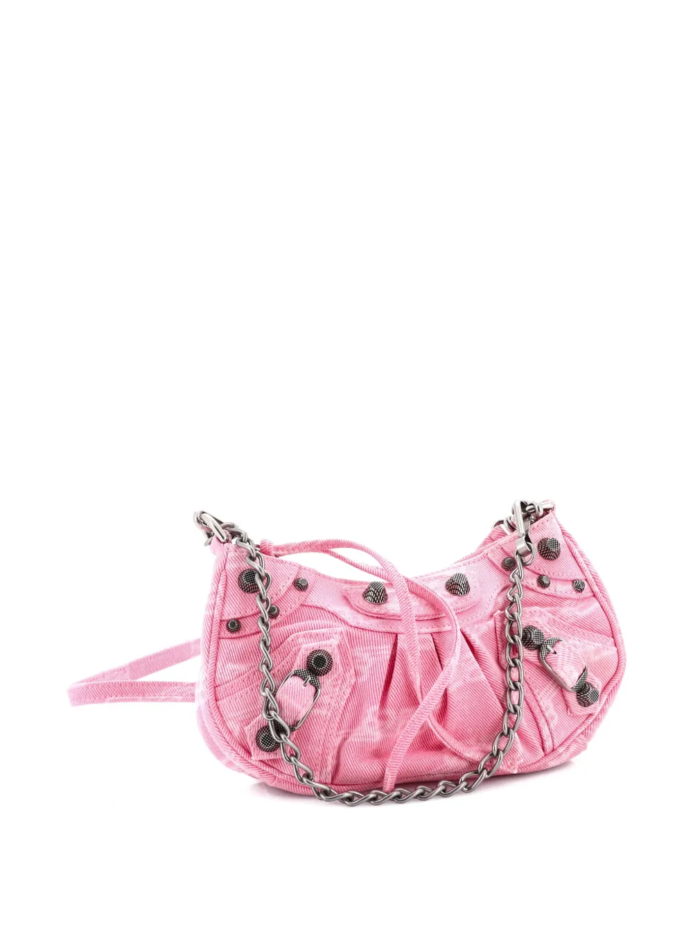 Pre-owned Balenciaga Le Cagole Giant Studs Shoulder Bag Bb Monogram Denim Mini Hobo Bag In Pink
